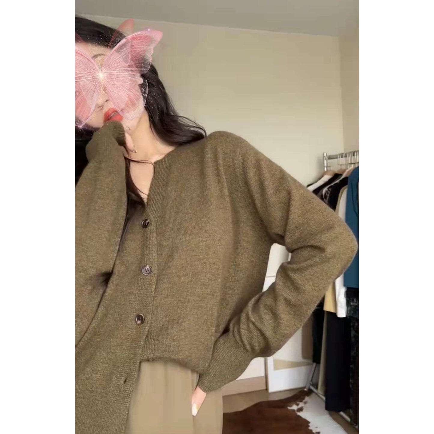 Women Long Sleeve Button Down V Neck Cute Knit Sweater Cardigan One Size(Brown)