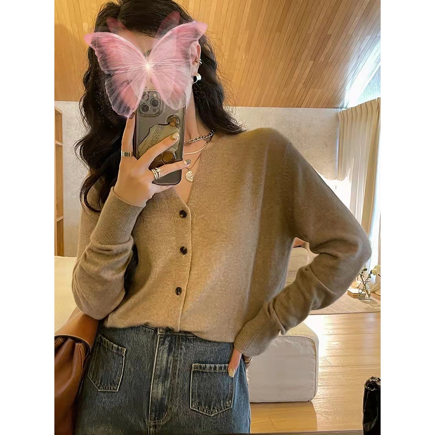 Women Long Sleeve Button Down V Neck Cute Knit Sweater Cardigan One Size(Brown)