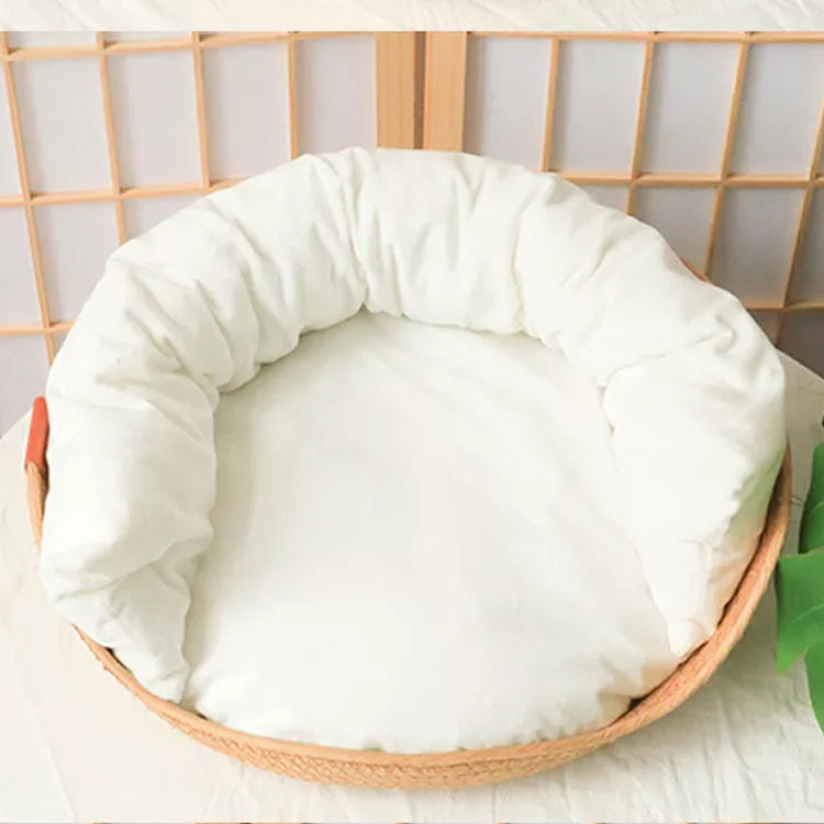 nanicamu Cat Bed Sofa Bamboo Weaving Four Season Cozy Nest Baskets Waterproof Removable Cushion Sleeping Bag