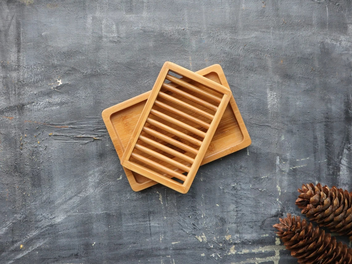 Kjyunk Dual-layer Bamboo Soap Dish Best Draining Biodegradable Soap Rack