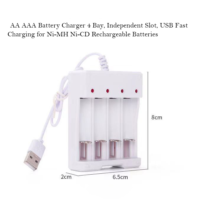 PixelPulse Chargers for batteries 4 Independent Slot AA AAA Battery Charger, USB High-Speed Charging, for Ni-MH Ni-CD Rechargeable Batteries