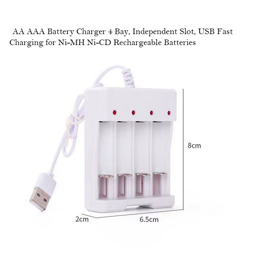 PixelPulse Chargers for batteries 4 Independent Slot AA AAA Battery Charger, USB High-Speed Charging, for Ni-MH Ni-CD Rechargeable Batteries