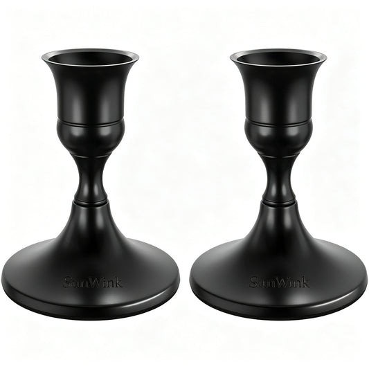 SunWink Candle Holders, Set of 2 Metal Candlestick Holders, Vintage Decorative Taper Candle Stand, Table Centerpiece for Wedding Dinner Party Home Decor, Black Gold