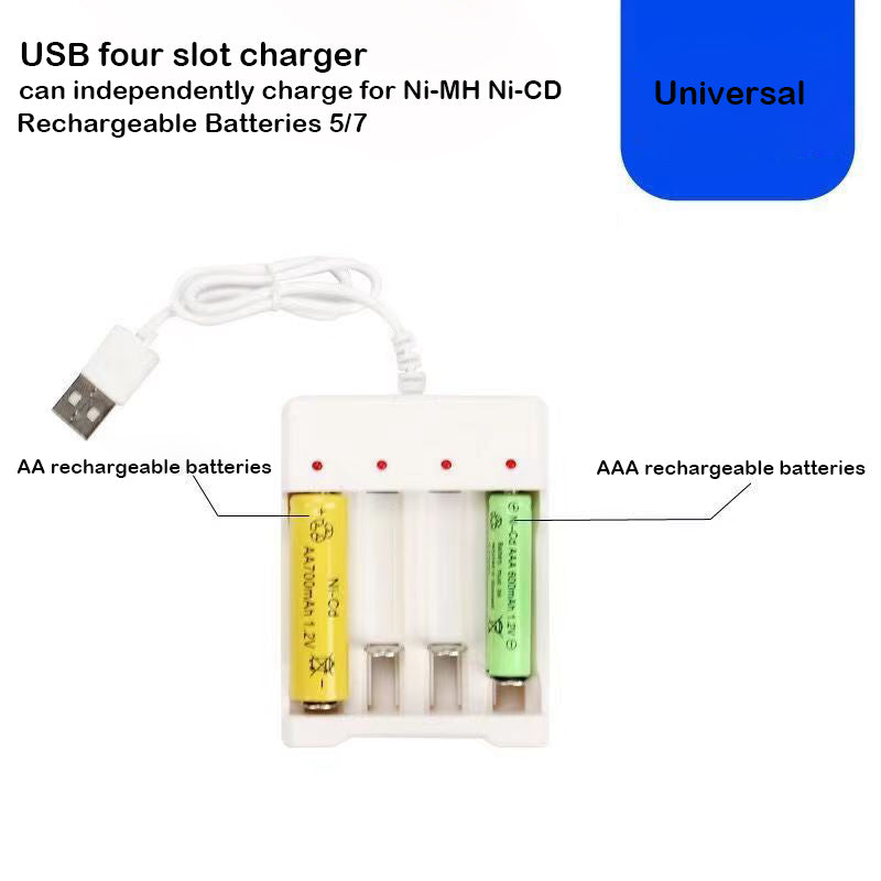 PixelPulse Chargers for batteries 4 Independent Slot AA AAA Battery Charger, USB High-Speed Charging, for Ni-MH Ni-CD Rechargeable Batteries