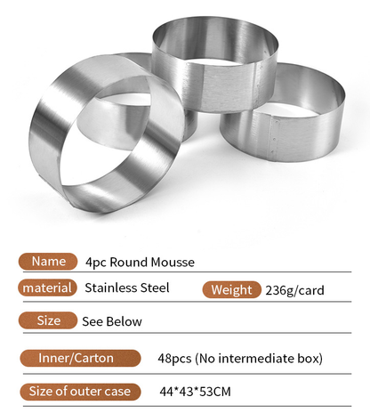 Set 4pcs Stainless Steel Pastry Rings Cake Baking Molds with package box