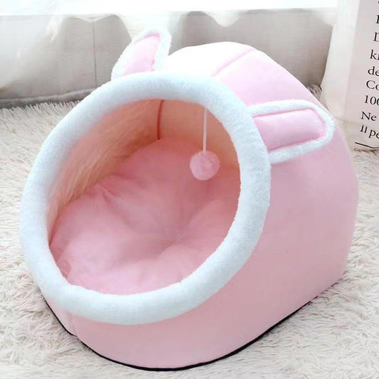 PEKIA Pet furniture, Small Cat Bed with Anti-Slip Bottom, Rabbit-Shaped Cat/Dog Cave with Hanging Toy, Removable Cotton Pad, Super Soft