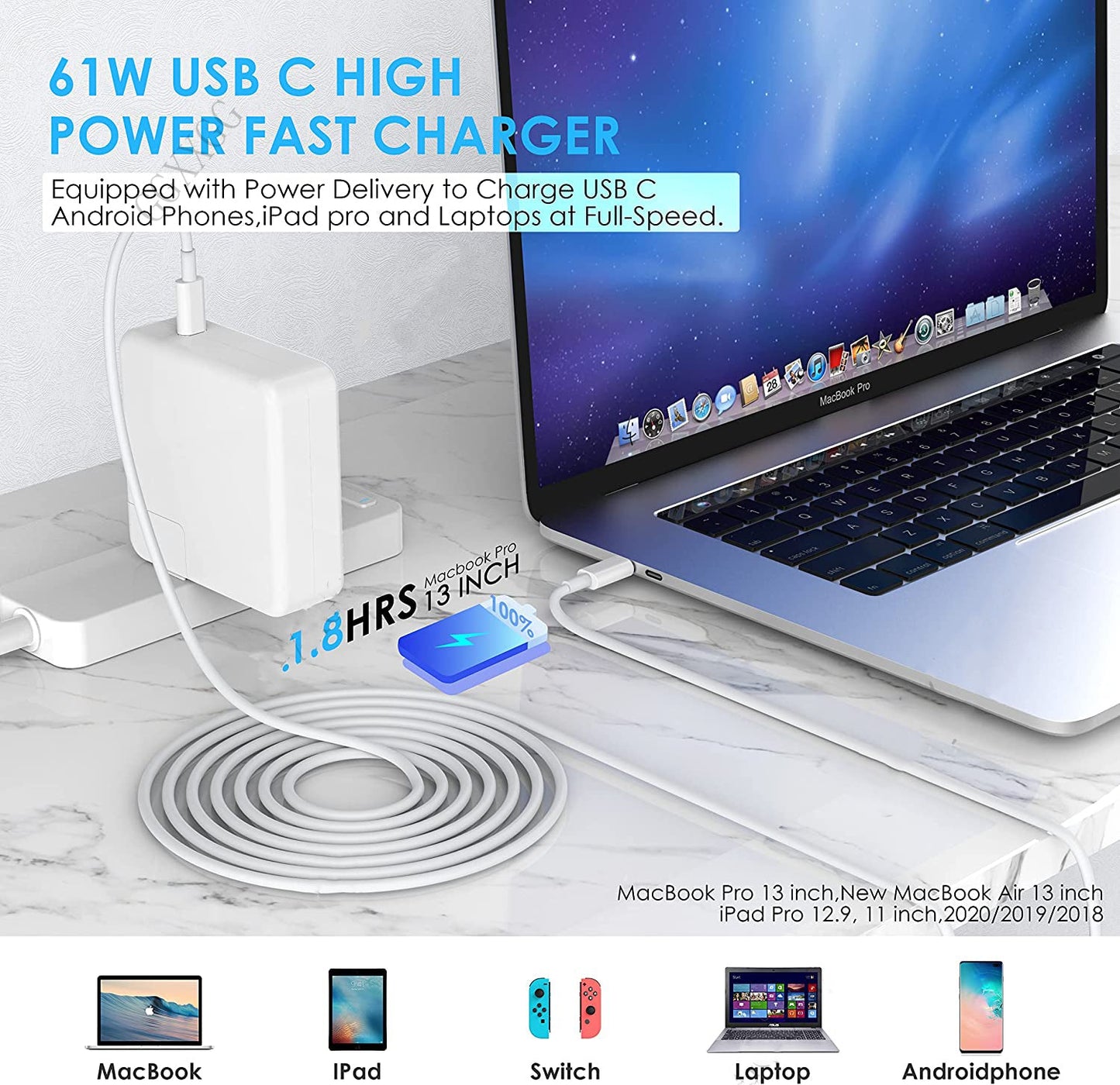 Mac Book Pro DP Charger 96W USB C Charger Power Adapter For Microsoft Surface Pro 8 MacBook Air iPad Pro With USB C to C Cable