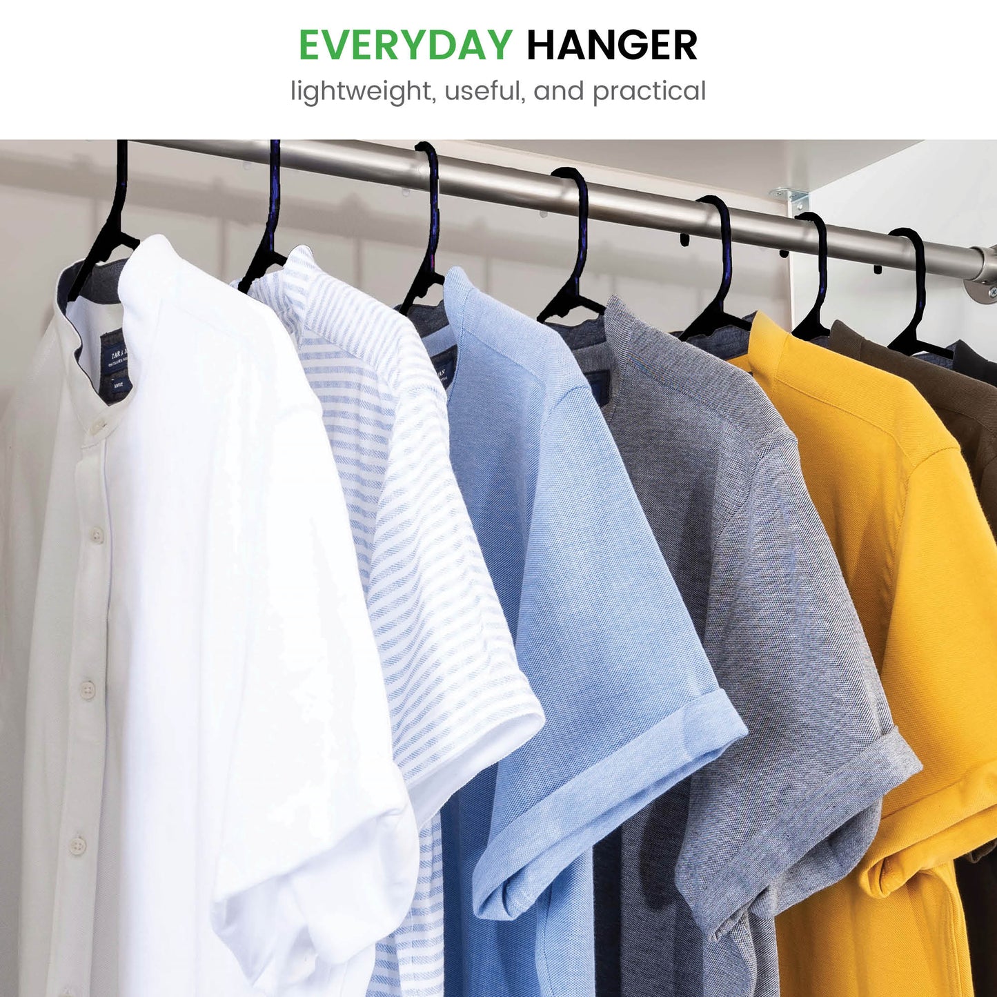 Copy of Everyday Standard Black Plastic Hangers - Pack of 50 - with Strap Hooks 16.5 Inch, Durable & Slim Space Saving Tubular Clothes Hangers, For Pants, Shirt, Dress, Underwear, Bra Etc. Hangs up to 5.5 lbs