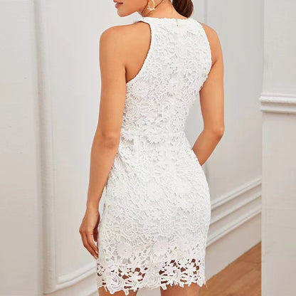 Foxchic Sexy Lace Stitching Hollow Out Dress Elegant Women Sleeveless White Summer Chic Short Club Party Clothes Dresses