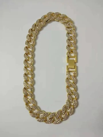 Tetino GOLD PLATED HIP HOP FULL PRONG DIAMOND MIAMI CUBAN LINK CHAIN NECKLACE BRACELET FOR MEN AND WOMEN