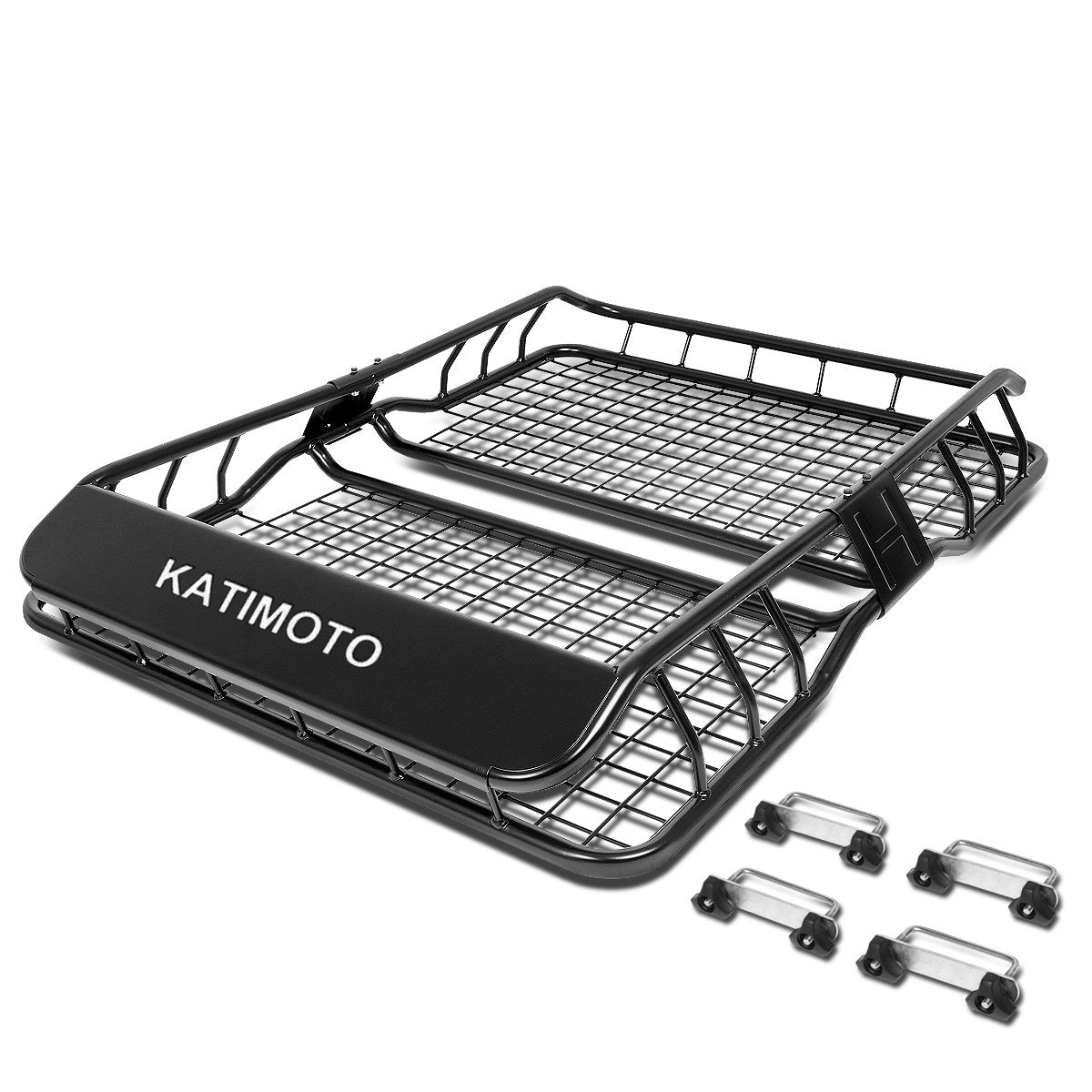 KATIMOTO 49" Long x 36" Wide x 7" Tall Powercoated Mild Steel Black Roof Rack Top Cargo Luggage Carrier Basket w/Wind Fairing