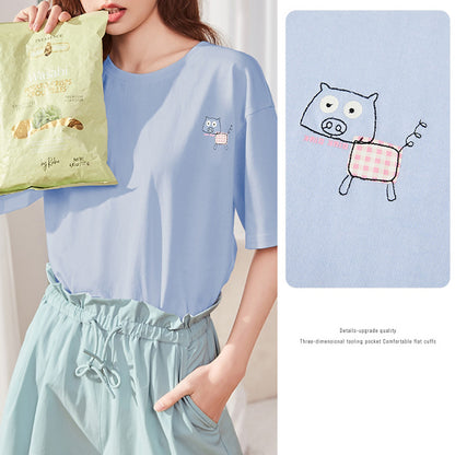 LUMONOUS FASHION Short-sleeved T-shirt women's cute pet embroidery loose cotton t-shirt