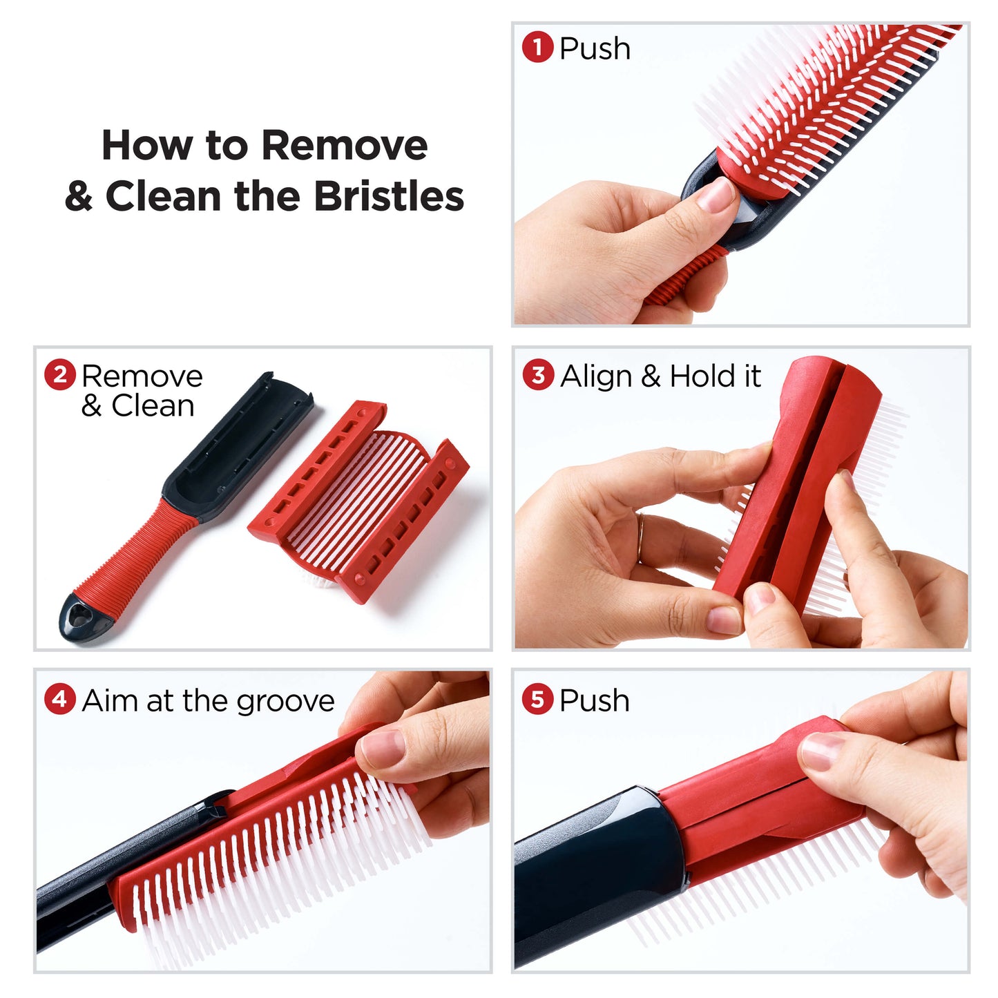 evetree 9-Row Non-Slip Detangling Hair Brush Red