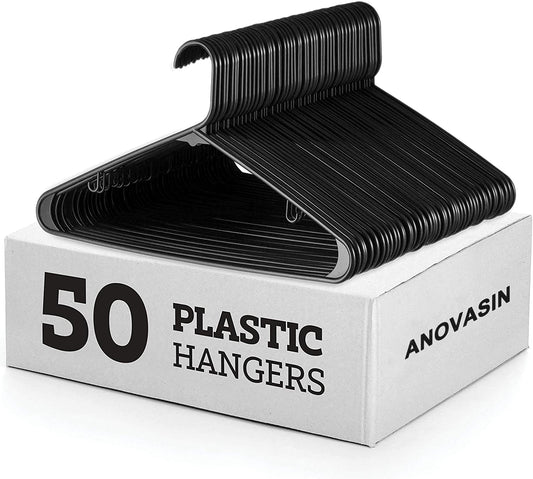 Everyday Standard Black Plastic Hangers - Pack of 50 - with Strap Hooks 16.5 Inch, Durable & Slim Space Saving Tubular Clothes Hangers, For Pants, Shirt, Dress, Underwear, Bra Etc. Hangs up to 5.5 lbs