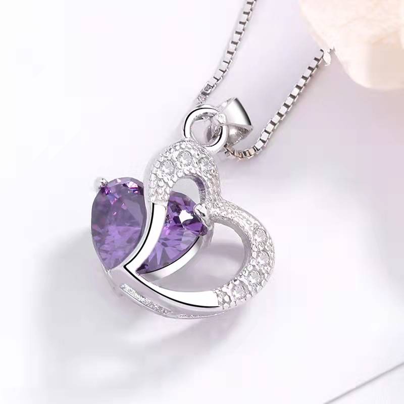 lwzsyap Heart Shape 12mm Simulated Amethyst Pendant Necklace in Sterling Silver