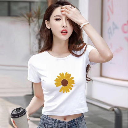 Foxchic 2022 summer new Harajuku round neck front heart print sexy kawaii clothes high waist cropped navel short sleeve T-shirt