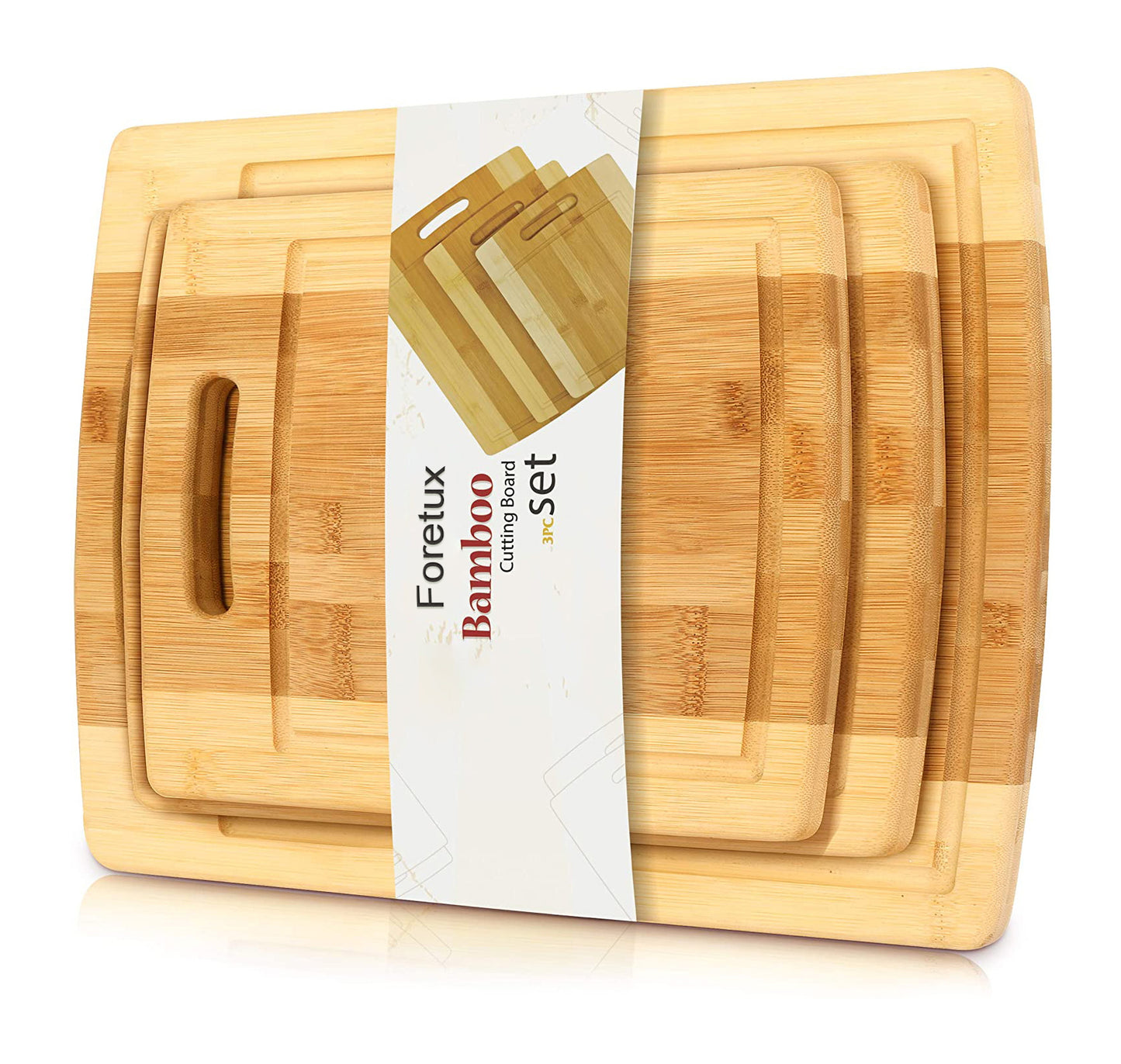 Foretux Wood Bamboo Cutting Board – Set of 3 – 3-PIECE PREMIUM VALUE PACK – 1 XL Extra Large, 1 Medium, 1 Small Wooden Chopping Cutting Boards Sets for Kitchen, Fruit, Vegetables, BBQ, Meat