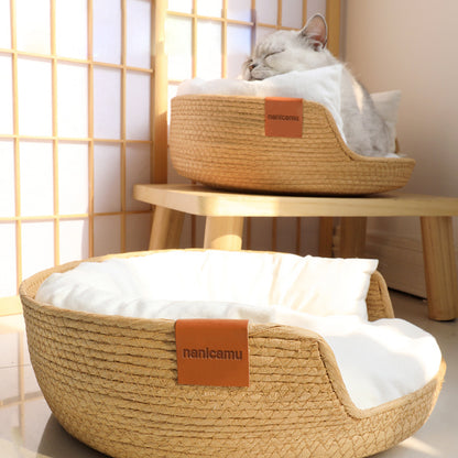 nanicamu Cat Bed  Sofa Bamboo Weaving Four Season Cozy Nest Baskets Waterproof Removable Cushion Sleeping Bag