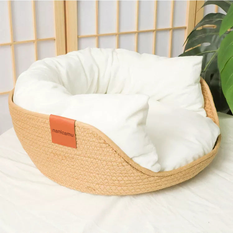 nanicamu Cat Bed  Sofa Bamboo Weaving Four Season Cozy Nest Baskets Waterproof Removable Cushion Sleeping Bag