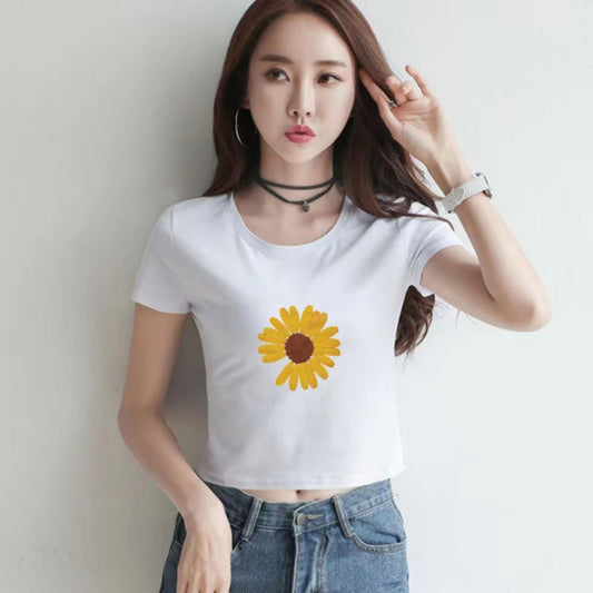 Foxchic 2022 summer new Harajuku round neck front heart print sexy kawaii clothes high waist cropped navel short sleeve T-shirt