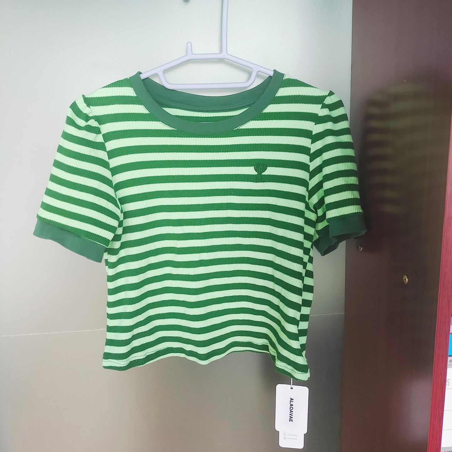 ALAOAVAE Short Sleeve T-shirts Women Green  Striped All-match Slim Crop Tops Casual Summer New Ladies Colorful Tees