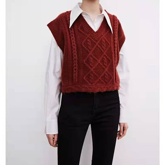 Women Sweater Vest Oversized Cable Knitted V-neck Sweaters Loose Sleeveless Sweaters Tops