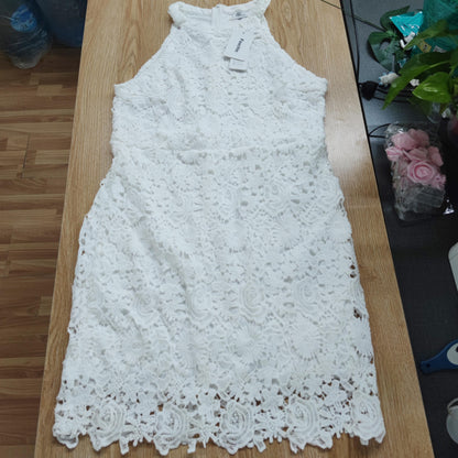 Foxchic Sexy Lace Stitching Hollow Out Dress Elegant Women Sleeveless White Summer Chic Short Club Party Clothes Dresses