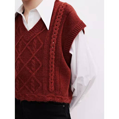 Women Sweater Vest Oversized Cable Knitted V-neck Sweaters Loose Sleeveless Sweaters Tops