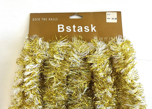 Bstask Retro Gold Tinsel Trim - 6 Feet Narrow Holiday Decorating Tinsel - Aged Gold Metallic Garland - Perfect Vintage Style Wired Tinsel