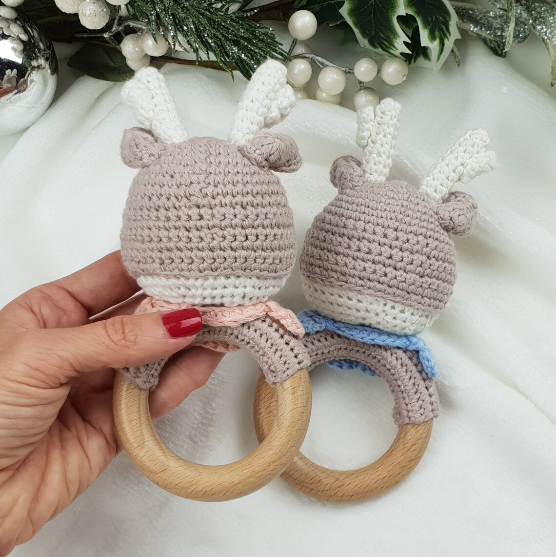 aranee Soft Handmade Baby Pink Christmas Deer Rattle - Crochet Baby Rattle - Baby Toy - Traditional Rattle - Baby Rattle - Deer Toy