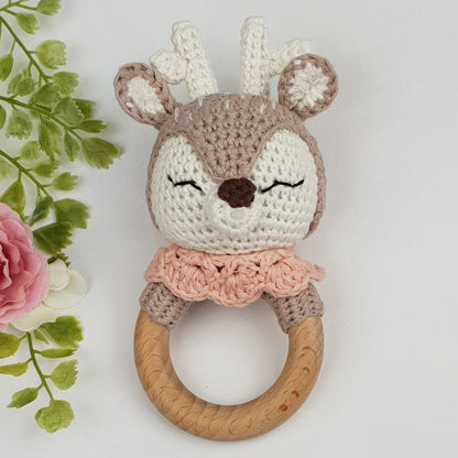 aranee Soft Handmade Baby Pink Christmas Deer Rattle - Crochet Baby Rattle - Baby Toy - Traditional Rattle - Baby Rattle - Deer Toy