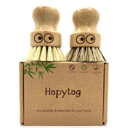 Hapytag Eco Zero Waste Washing up Scrubbing Brushes (pair) Bamboo Quirky Present Plastic Free Zero Waste Mothers Day Gift