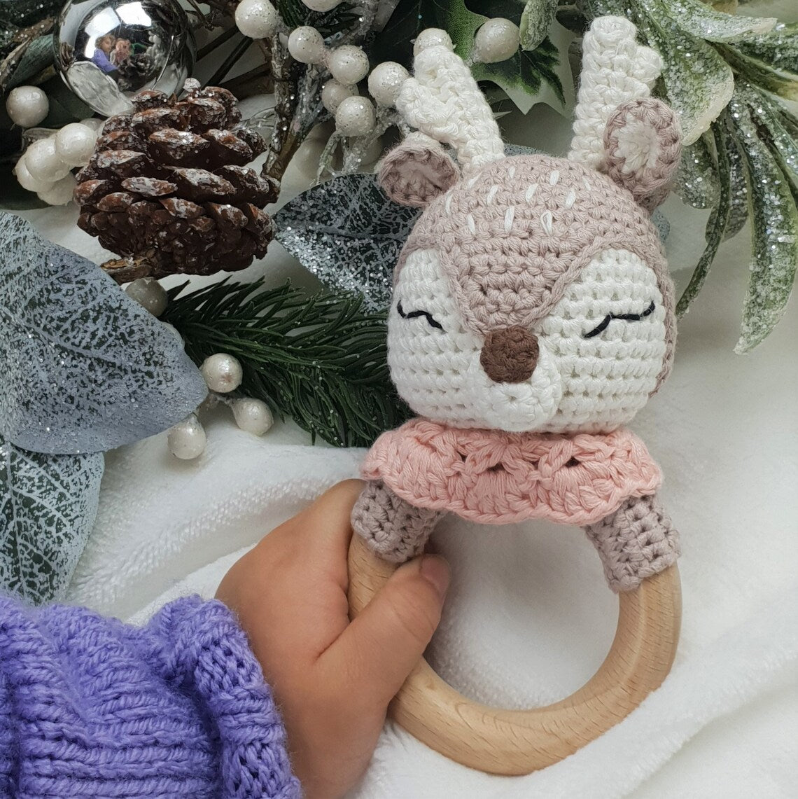 aranee Soft Handmade Baby Pink Christmas Deer Rattle - Crochet Baby Rattle - Baby Toy - Traditional Rattle - Baby Rattle - Deer Toy