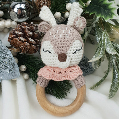 aranee Soft Handmade Baby Pink Christmas Deer Rattle - Crochet Baby Rattle - Baby Toy - Traditional Rattle - Baby Rattle - Deer Toy