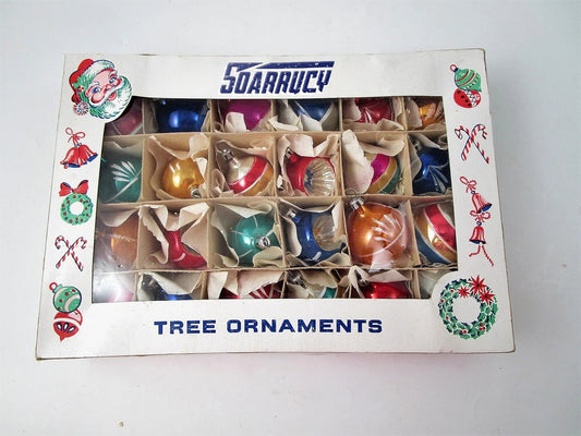 SOARRUCY Vintage Box of 24 Glass Christmas Tree Ornaments Hand Painted Feather Tree 1 1/2" Decorations Indents Mercury Glass Balls Glitter