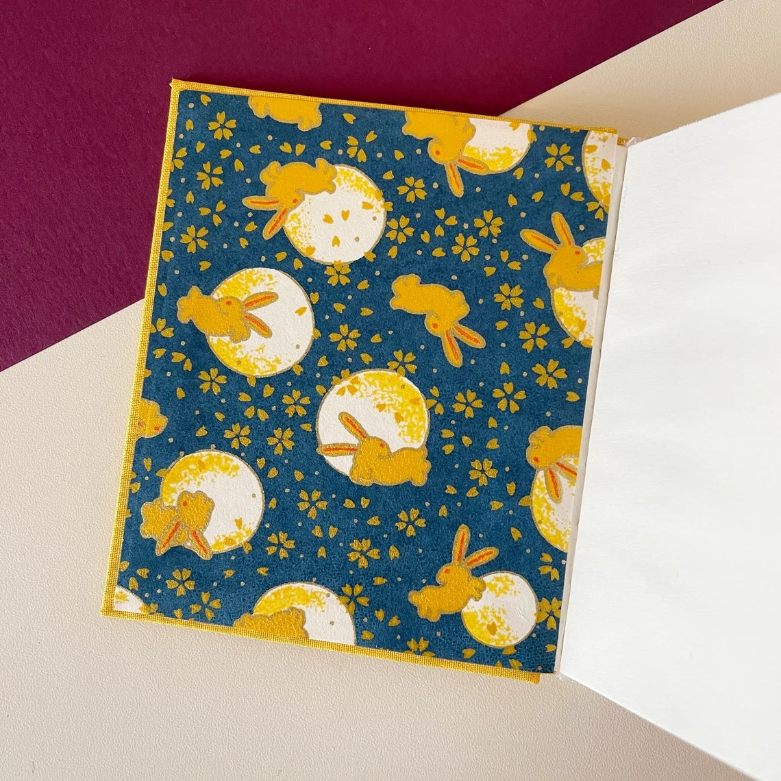 YIEO Blank Yellow Sketchbook, Small Handmade Case-Bound Book, Hand bound Drawing Gift, Hard cover Sketching, Happy Bunny Illustration Present