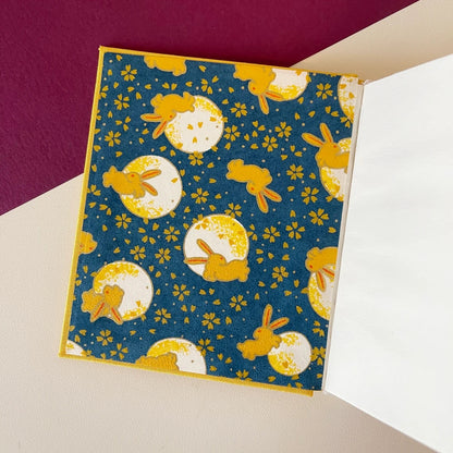 YIEO Blank Yellow Sketchbook, Small Handmade Case-Bound Book, Hand bound Drawing Gift, Hard cover Sketching, Happy Bunny Illustration Present