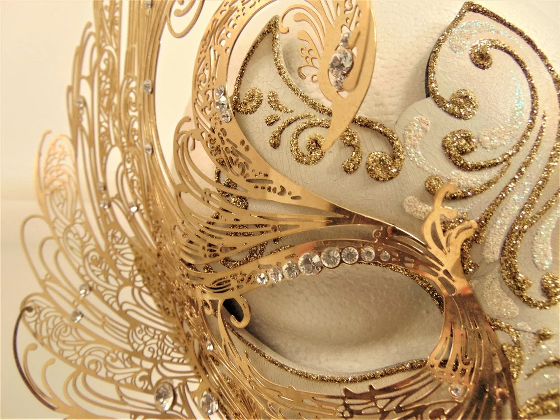 Bstask Handmade Carnival Masquerade Mask Brass filigree crystals and beads
