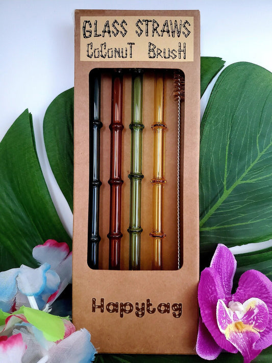 Hapytag 4 Tall Glass Bamboo Shaped Straws & Coconut Brush | Reusable Straws | Eco Friendly Straws | Colored Straws | Green | Borosilicate Glass