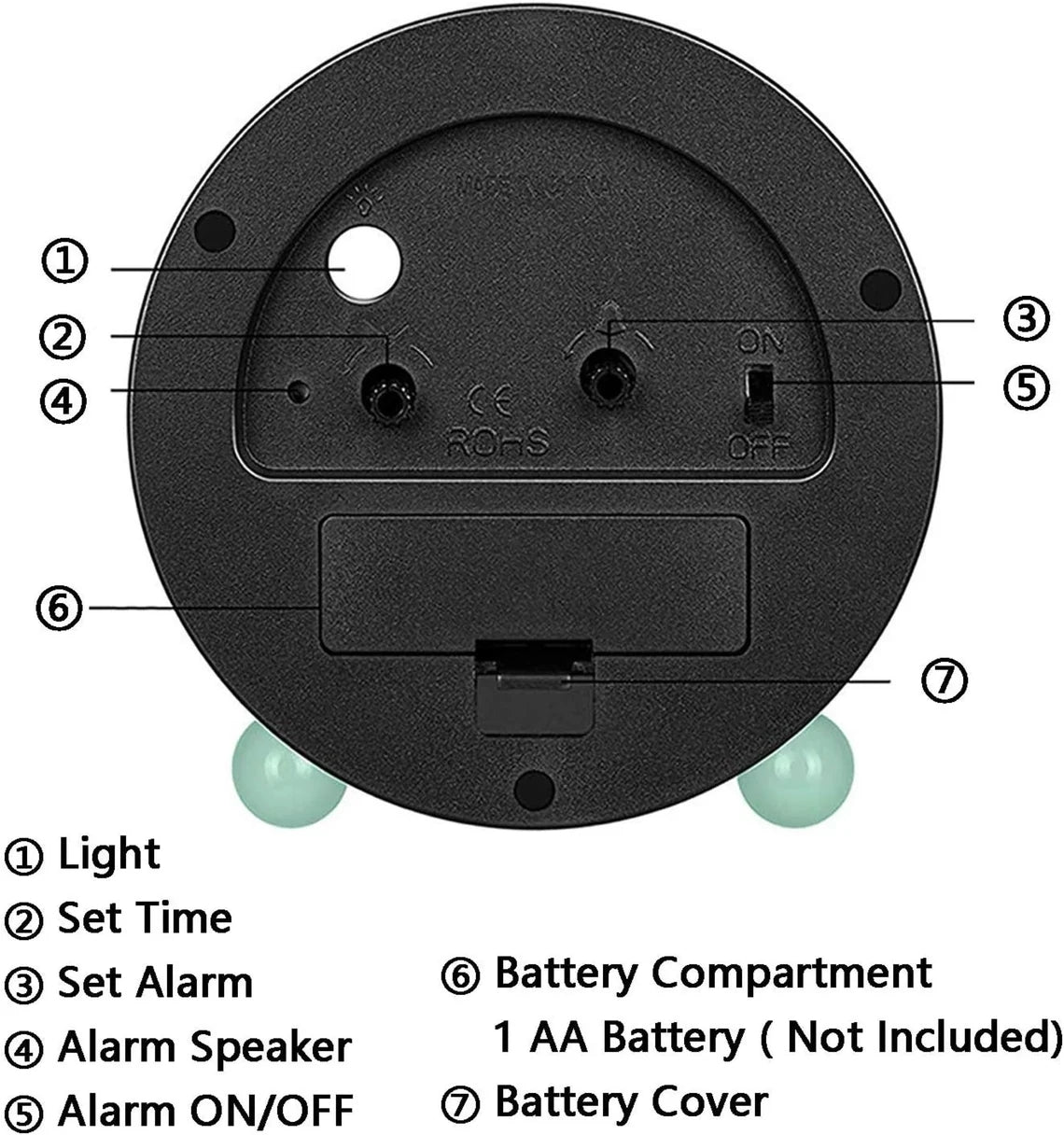 WASHNASH Alarm Clock 4 inch Super Silent Non Ticking Small Green Clock with Night Light Battery Operated Simply Design for Bedroom Bedside