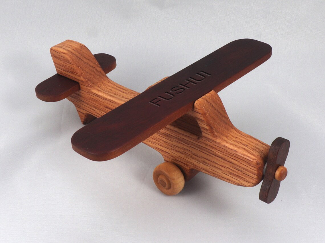 FUSHUI Wood Toy Airplane, Handmade and Finished with a Blend of Mineral Oil and Beeswax